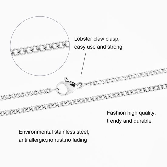 Detail van een zilverkleurige ketting, met karabijnsluiting en de tekst: 'Lobster claw clasp, easy use and strong'.