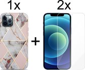 iPhone 13 Pro hoesje marmer lichtroze siliconen case apple hoes cover hoesjes - 2x iPhone 13 Pro Screenprotector