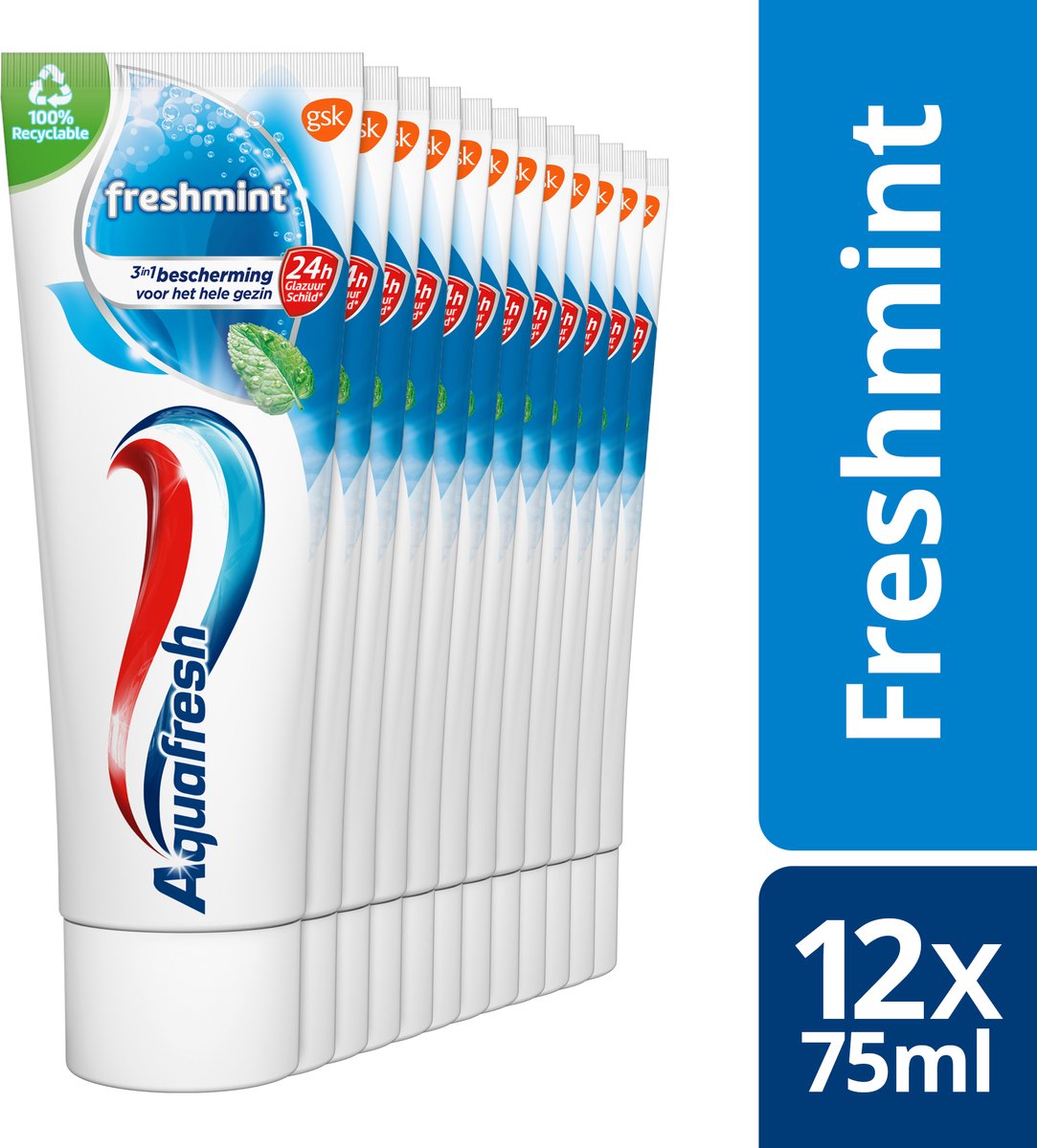 Aquafresh - Freshmint - 3in1 Tandpasta - Voor een frisse adem - Voordeelverpakking 12 x 75ml, recyclebare plastic tube en dop - Aquafresh