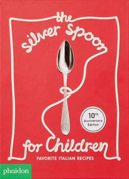 Boek met rode kaft, de titel 'the silver spoon for Children' in witte sierlijke letters, met een zilveren lepel in het midden. 10th Anniversary Edition.