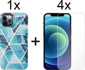 iPhone 13 hoesje marmer blauw siliconen case apple hoes cover hoesjes - 4x iPhone 13 Screenprotector