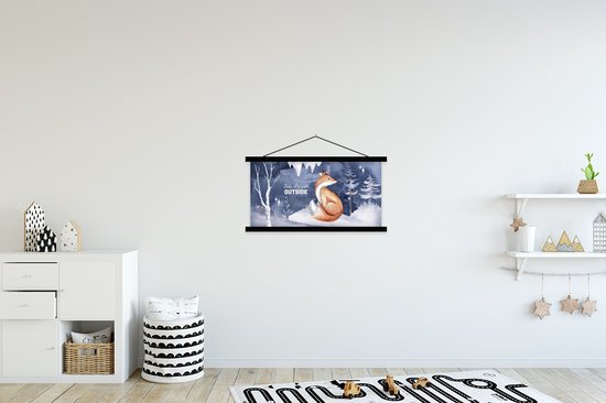 Porte-affiche avec affiche - Affiche scolaire - Renard - Hiver - Neige - 90x45 cm - Lattes noires