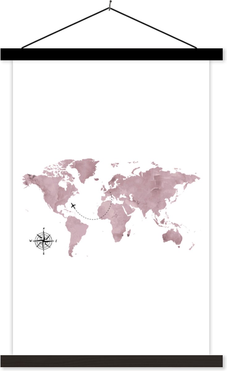 Afbeelding van product TextilePosters  Wanddecoratie - Wereldkaart - Roze - Vliegtuig - Schoolplaat - 40x60 cm