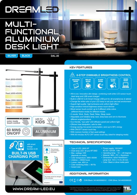 Dreamled Aluminium dimbare Bureaulamp - zilver - met USB oplader | bol.com