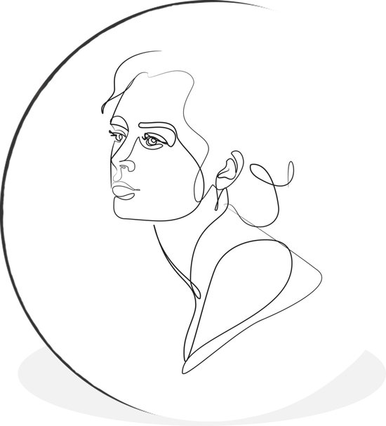 WallCircle - Wandcirkel - Muurcirkel - Abstracte line art van het portret van een vrouw op een witte achtergrond vierkant - Aluminium - Dibond - ⌀ 90 cm - Binnen en Buiten