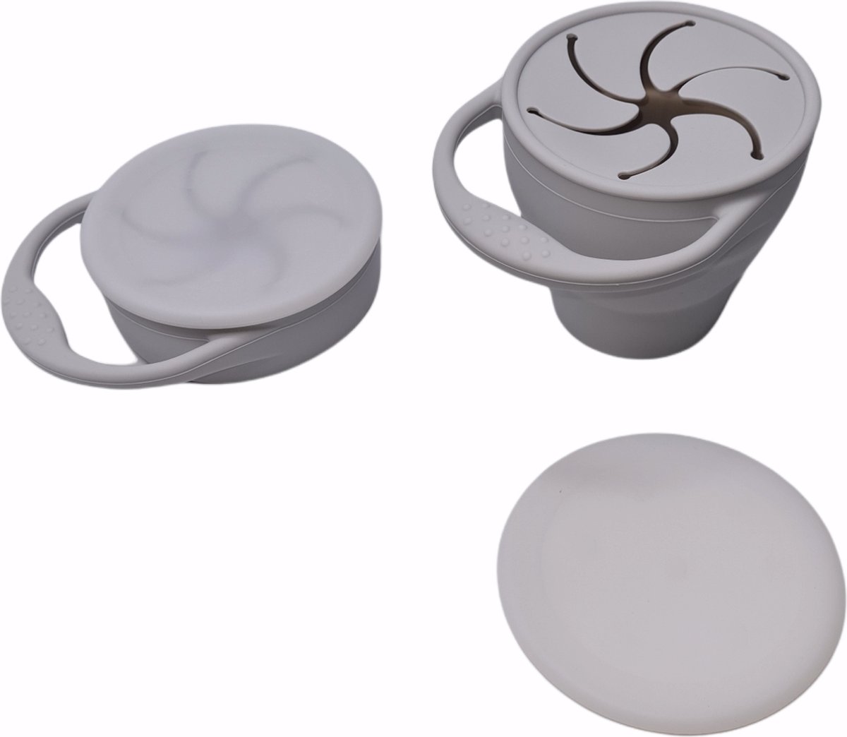 Goedkoopste Snack cup - Snack Beker - Inklapbaar - Siliconen - Duurzaam - Baby - Peuter - Dreumes - Servies - Babyeetset - Onderweg - Grijs