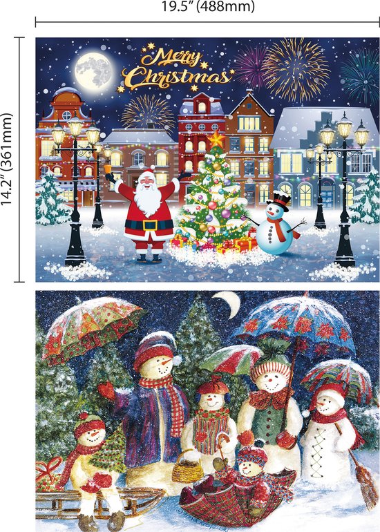 Kersttafereel met Santa, sneeuwpop, kerstboom en vuurwerk. Twee afbeeldingen van sneeuwpoppen onder paraplu's. Afmetingen: 361 mm x 488 mm.