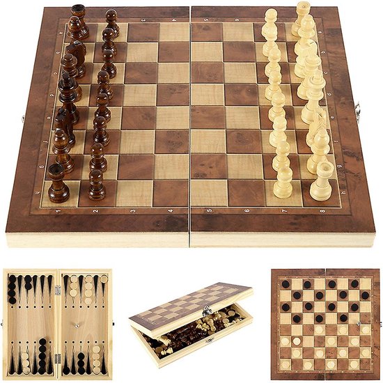 Thumbnail van een extra afbeelding van het spel 3 IN 1 Houten Internationale Schaakset - Backgammon Bordspellen - Dammen Puzzelspel - Opvouwbaar Schaakbord