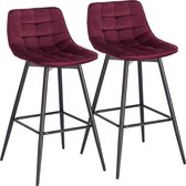 Kamyra® Velvet Barkruk - Set Van 2 Barkrukken - Barstoelen met Rugleuning - Zithoogte 64 cm - Wijnrood, 43 x 35,5 x 88cm
