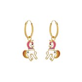 Kinderoorbellen | Eenhoorn oorbellen | Gold plated oorringen met hanger, eenhoorn met roze manen