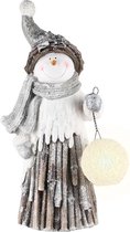 Sneeuwman met bollenlamp (met LED verlichting) - Bruin / beige / wit / zilver - 29 x 18 x 52 cm hoog.