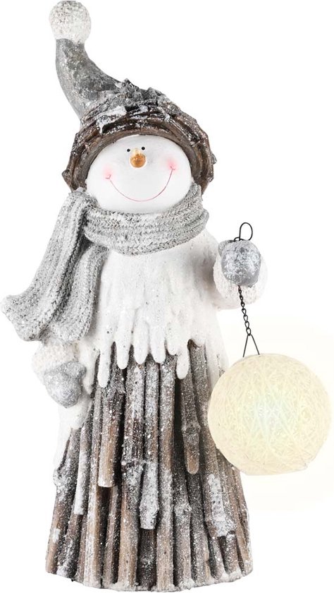 Bonhomme de neige avec lampe à ampoule (avec éclairage LED ) - Marron / beige / blanc / argent - 29 x 18 x 52 cm de haut.