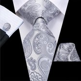 Luxe Grijze Paisley stropdas met pochet en manchetknopen