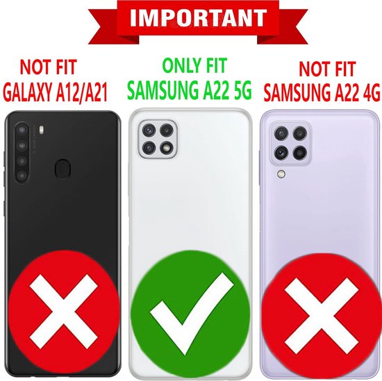 Drie telefoonhoesjes. Links een zwart hoesje, midden een transparant hoesje en rechts een paars hoesje. Alleen het middelste hoesje is geschikt voor de Samsung A22 5G.