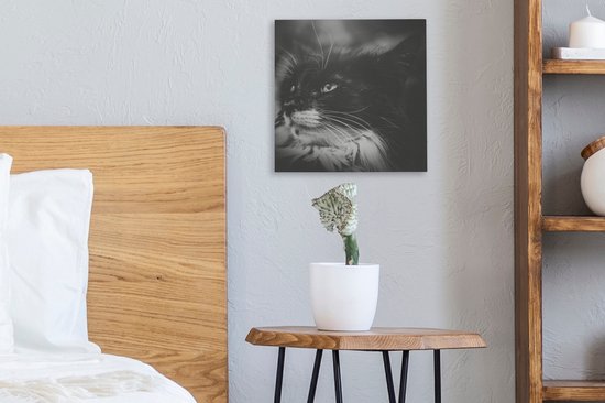 Tableau sur toile Profil animal chat de face en noir et blanc - 20x20 cm - Décoration murale