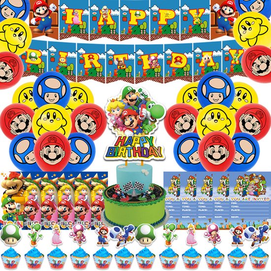 TDR-Super Mario Bros - thema feest- verjaardagsdecoratie plus uitnodigingskaart 44-delige set