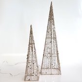 Set van 2 conen / kerstbomen met LED verlichting - Champagne / Zilver  - 14 x 14 x 60 cm hoog (grootste boom)