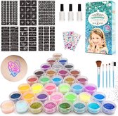 Glittertattooset, huidvriendelijke tijdelijke glittermake-up kit voor kinderen, meisjes en volwassenen, 36 kleuren, 182 sjablonen, 5 kwasten, 3 lijm, DIY body flash tatoeages voor