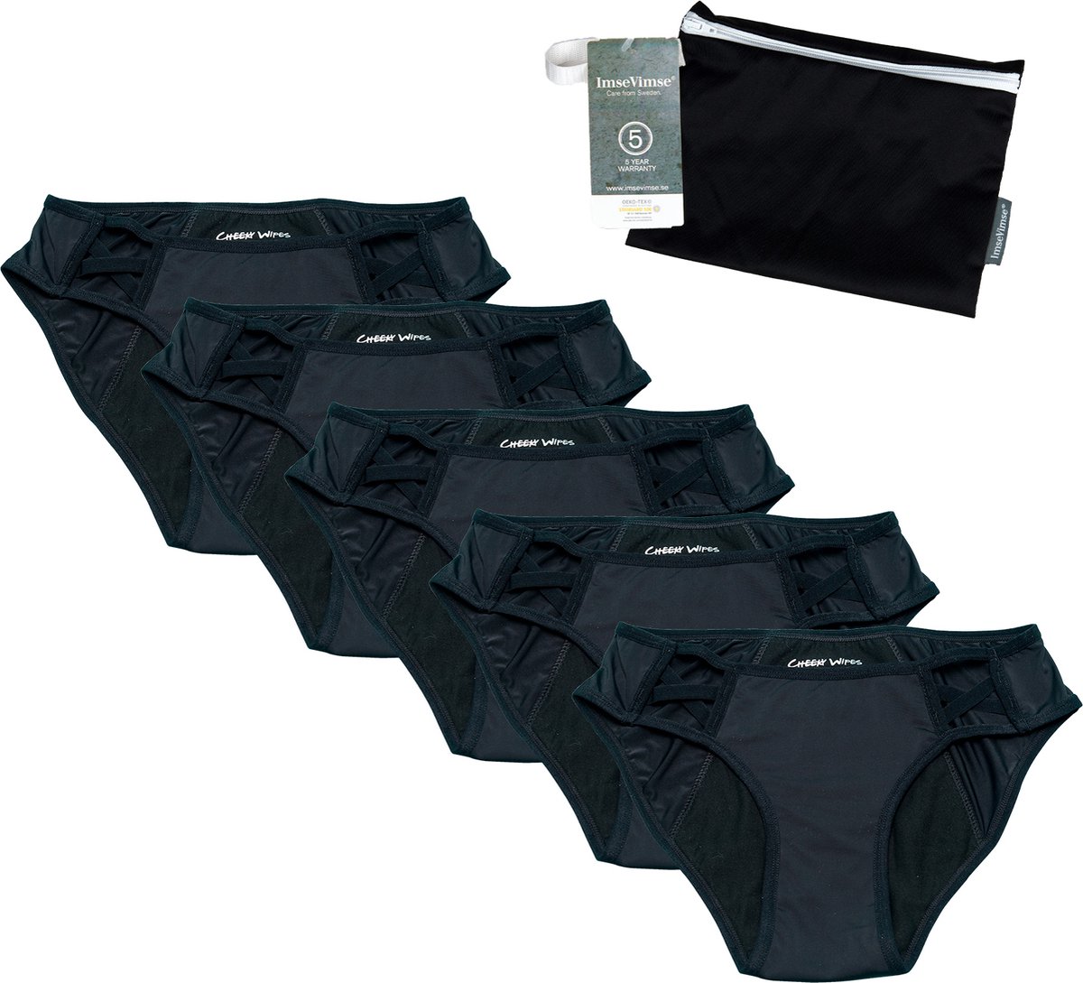 Cheeky Pants Feeling Sassy - Set van 5 + Wetbag - Maat 34-36 - Period Panties - Reusable - Black - Zero Waste