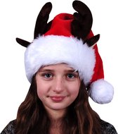 Pluche kerstmuts met rendieren hoorns en oren voor kinderen rood/wit - Kerstaccessoires/kerst verkleedaccessoires