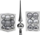 Kerstversiering/kerstboom set mat/glans mix kerstballen met piek in kleur zilver 6 en 8 cm diameter - 54x stuks kerstballen