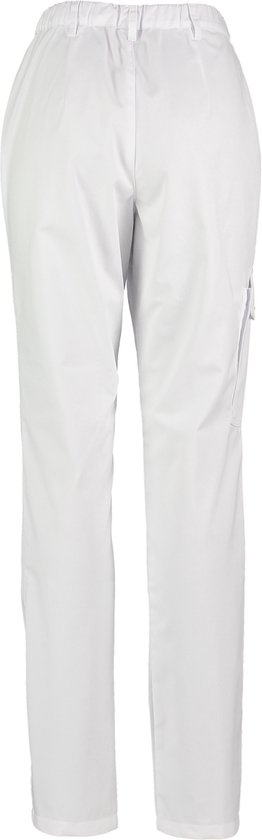 Achterkant van een witte werkbroek met elastische tailleband en zakken aan de zijkant.