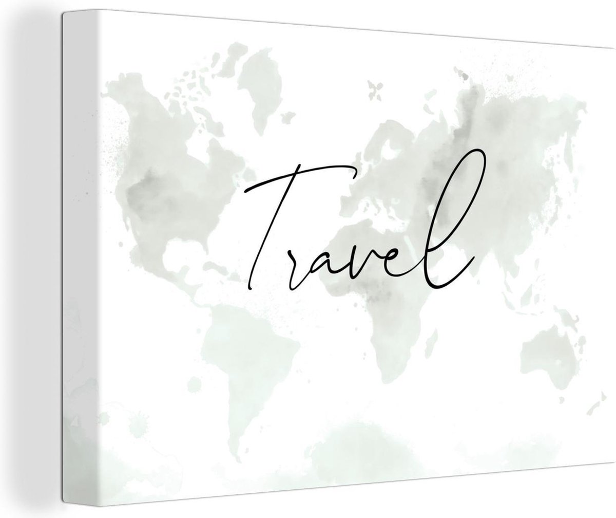 Wanddecoratie Wereldkaart - Waterverf - Zwart - Wit - Canvas - 90x60 cm