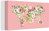 Wanddecoratie Wereldkaart - Bloemen - Bladeren - Canvas - 80x40 cm