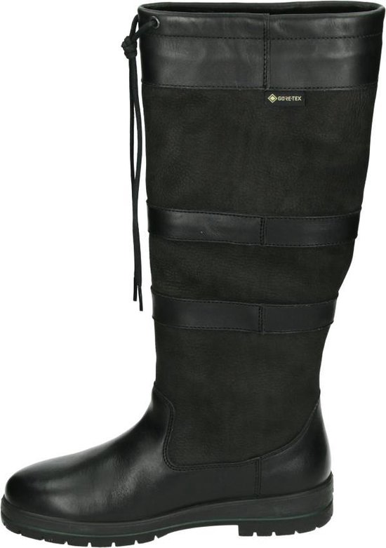 Zwarte leren en suède kniehoge laars met Gore-Tex logo, bandjes en veter.