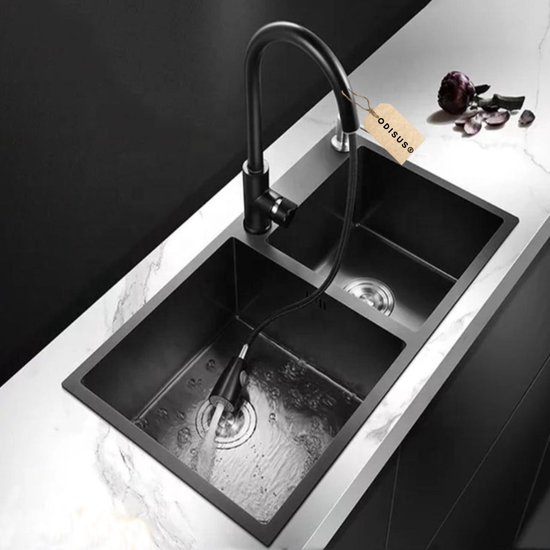 Odisus® KitchenQ - Dubbele Spoelbak - Carbon Zwart - 78x43X20CM - Inclusief Set | bol.com