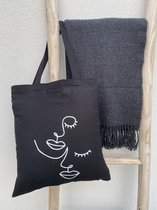 Katoenen tas zwart | Tassen dames | Shopper | Laptop tas | Abstract Gezicht Dubble Woman