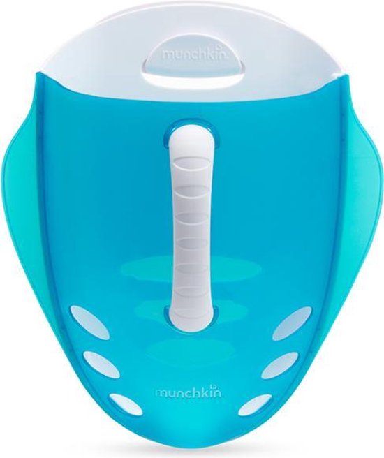 Blauwe badspeelgoed organizer met witte handgreep en Munchkin logo, op een witte achtergrond.
