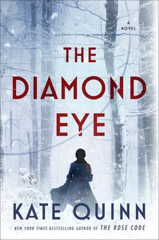 Boekomslag van "The Diamond Eye" met een silhouet van een vrouw in een bos met sneeuw. De titel staat in rode letters.