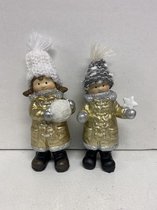 Figurines de Noël - Set de 2 pièces - Noël fille et garçon - doré - Décoration de Noël - 7x5.5x13cm