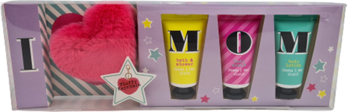 Goedkoopste I Love MOM cadeau pakket met sleutelhanger - Showergel / Body Scrub / Body Lotion - Multicolor - Cadeau Pakket - Moederdag - Verjaardag - Mama -3x 30 ml