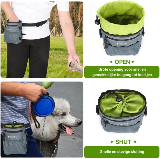 Man gebruikt grijze hondensnoeptas met fluogroene opening voor belonen van hond, buiten.