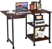 LUXGOODS Opvouwbare computer bureau, moderne schrijftafel met 2 laags opslagplanken, PC laptop computertafel werkstation met 6 wielen, ruimtebesparende compacte bureau voor thuiska