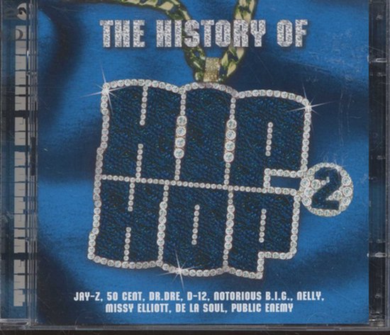 Voorzijde CD-hoes met de titel "The History of Hip Hop 2" in grote, met juwelen versierde letters.