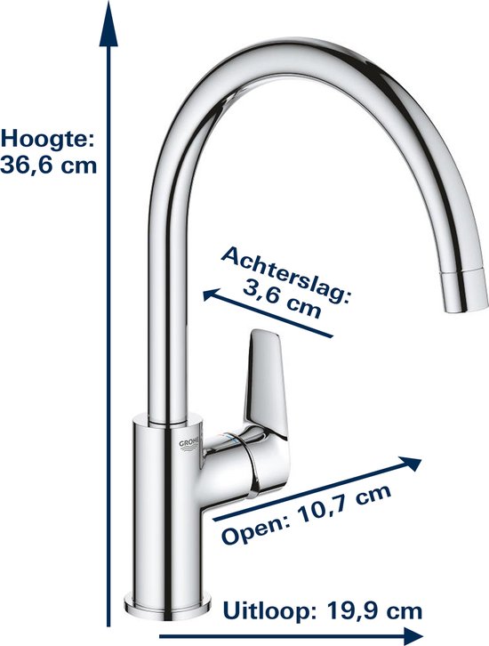 Verchroomde keukenkraan met hoge uitloop, met afmetingen H 36,6 cm, Achterslag 3,6 cm, Open 10,7 cm, Uitloop 19,9 cm.