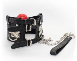 Nooitmeersaai - Zwarte halsband met rode ball gag en riem