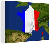 Canvas schilderij 160x120 cm - Wanddecoratie Satellietbeeld van Frankrijk met de vlag van het land - Muurdecoratie woonkamer - Slaapkamer decoratie - Kamer accessoires - Schilderijen