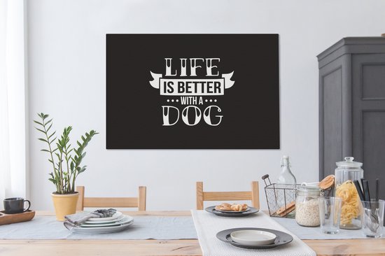 Citation La Life est meilleure avec un chien noir décoration murale toile 2cm 120x80 cm - Tirage photo sur toile (Décoration murale salon / chambre)