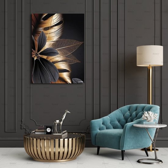 Luxe Canvas Schilderij Golden Leaves | 75x100 | Woonkamer | Slaapkamer | Kantoor | Bladeren | Goud | Design | Art | Modern | ** 4CM DIK! 3D Effect**