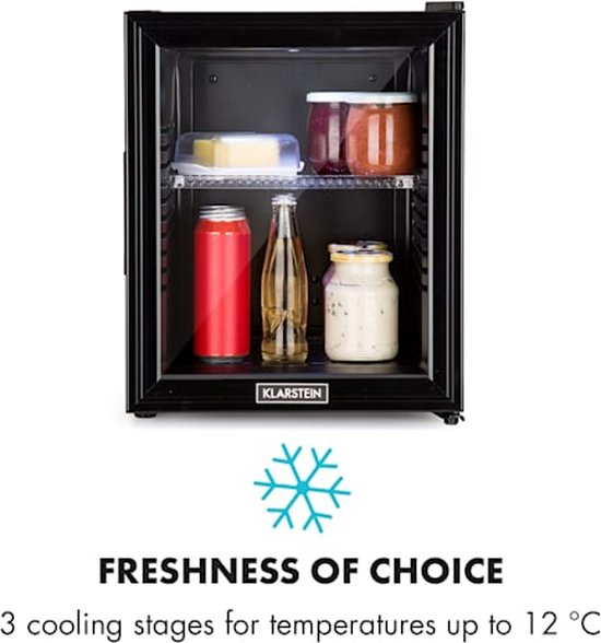 Klarstein Minibar Brooklyn 30 Mini Koelkast - Thermo-elektrisch koelsysteem - 30 liter inhoud - 3 standen koeling: tot 12 °C - Energie-efficiëntieklasse F - 23 dB - Flexibel kunststof plateau - LED licht - Panoramadeur van glas - Zwart van Klarstein — afbeelding 3