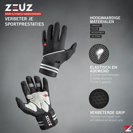 ZEUZ Sport & Fitness Handschoenen Heren & Dames - Gloves voor Krachttraining & CrossFit – Volledige Bescherming Vingers - Grijs & Zwart - Maat M
