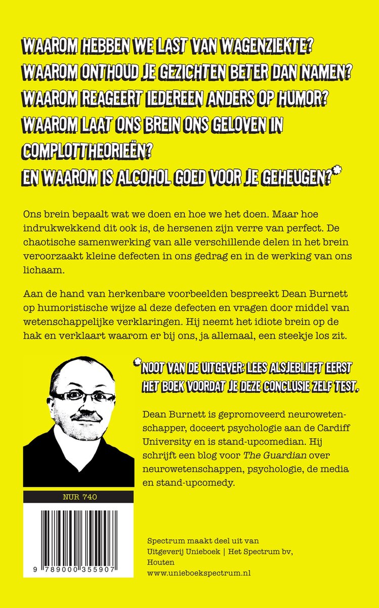 Achterkant van het boek 'Een steekje los' met vragen over het brein, een foto van de auteur en een barcode.