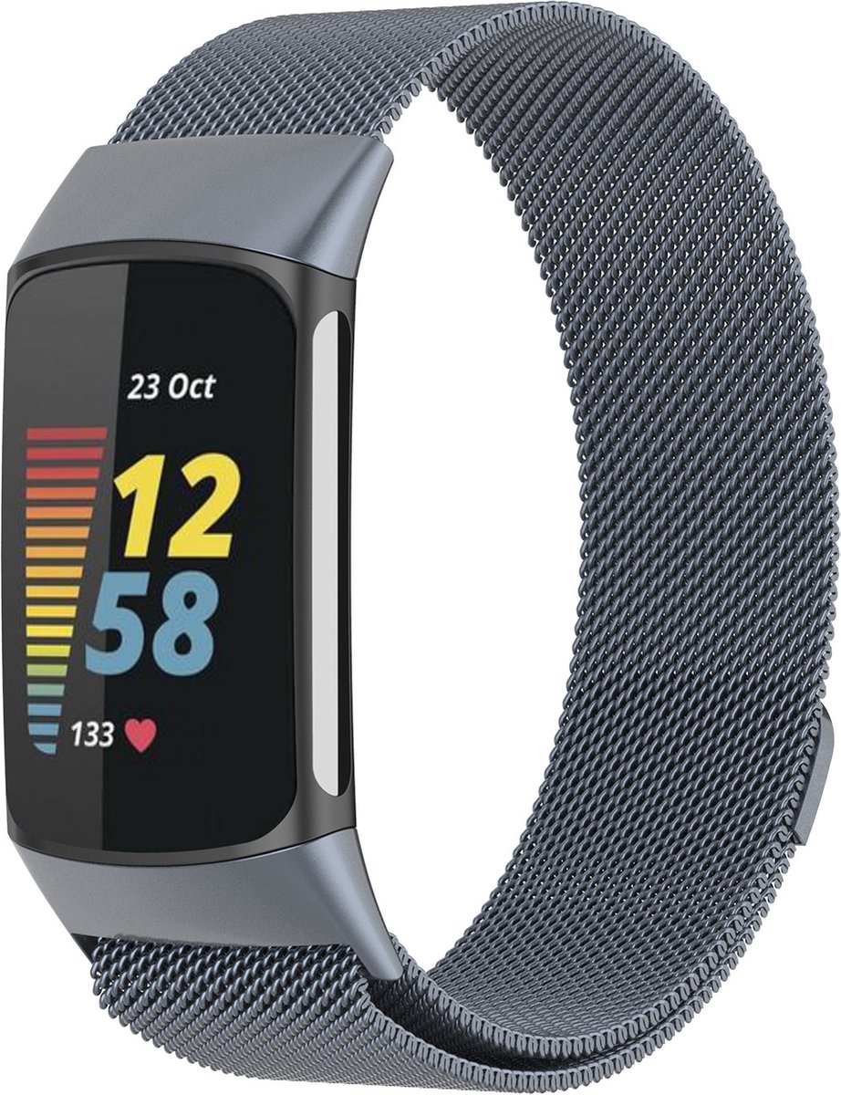 Milanees Smartwatch bandje - Geschikt voor Fitbit Charge 5 Milanese band - space grey - Strap-it Horlogeband / Polsband / Armband