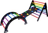 W&H houten speeltoestel voor kinderen - triangle verstelbaar met klimwand, glijbaan en klimboog - Zwart met regenboog kleur