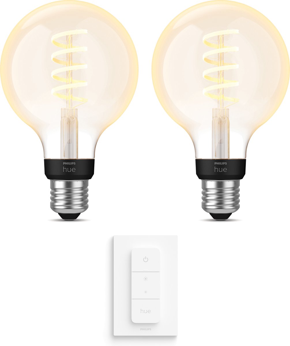 Philips Hue Uibreidingspakket – White Ambiance – Filament Globe klein – E27 – 2 lampen – Dimmer switch