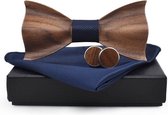 DWIH - houten Vlinderdas de Luxe - Vlinderstrik van hout - houten manchetknopen -Pochette - Blauw